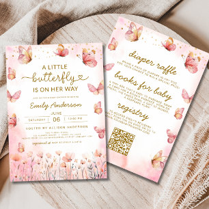 All in One QR Code Girl Pink Butterfly Baby Shower Invitation