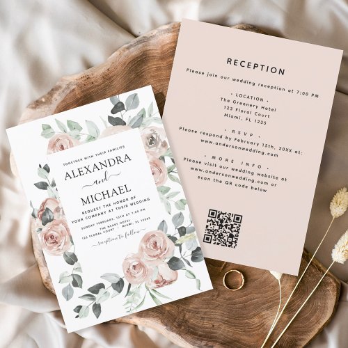 All in One QR Code Pink Floral Eucalyptus Wedding Invitation