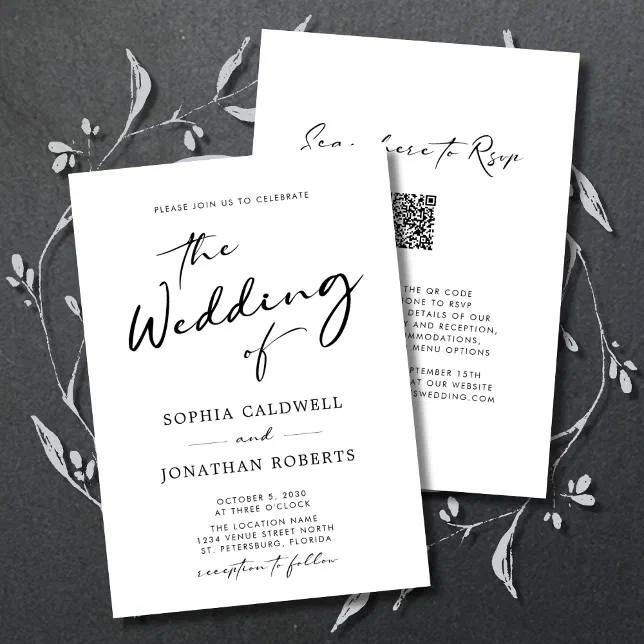 All in One QR Code RSVP Modern Calligraphy Wedding Invitation | Zazzle