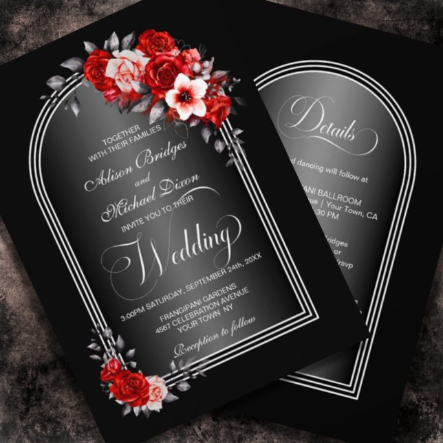 All In One Red Floral Arch Black Grey Wedding Invitation (Creator Uploaded)