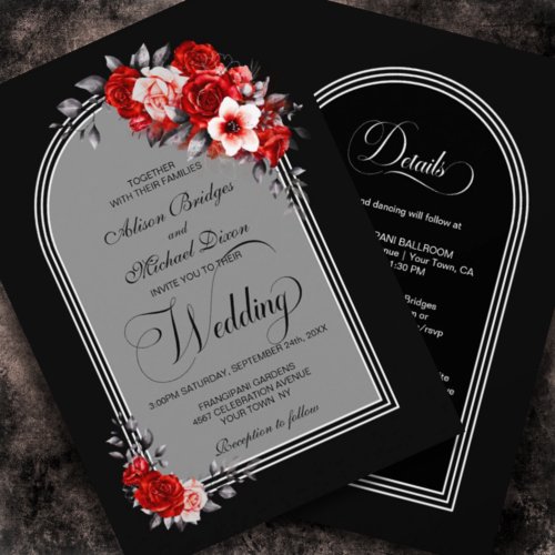 All In One Red Floral Arch Black Silver Wedding Invitation