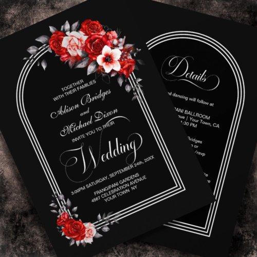 All in One Red Floral Black Wedding Invitation