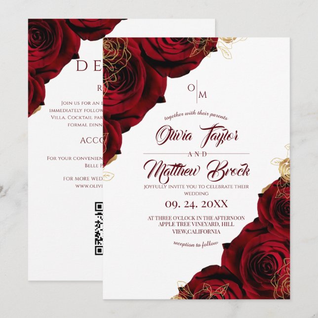 All in One Red Gold Roses Classic Wedding Invitation (Front/Back)