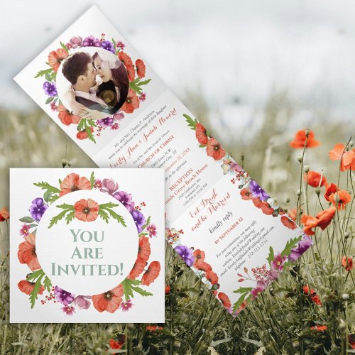 All In One Red Poppy Purple Pink Floral Wedding Tri_Fold Invitation