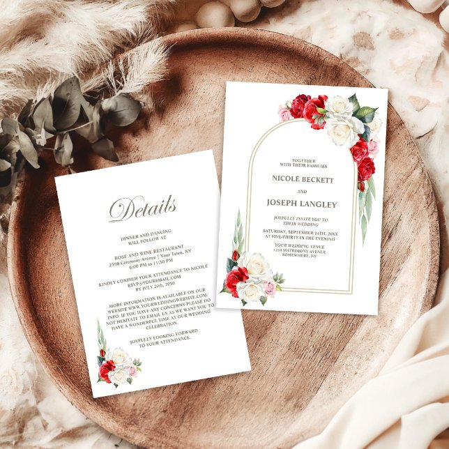 All In One Red White Floral Arch Wedding Invitation (Creator Uploaded)