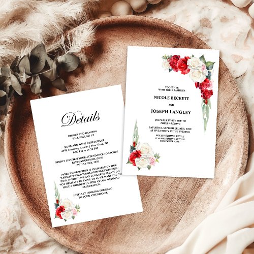 All In One Red White Floral Wedding Invitation