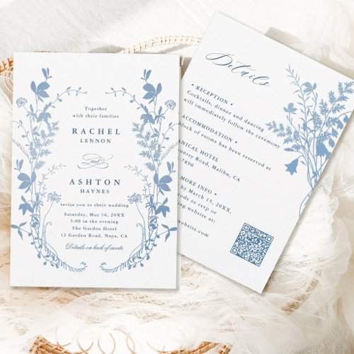 All In One Romantic French Blue Botanical Wedding Invitation