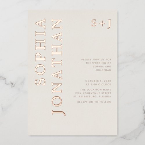 All in One Rose Gold Bold Typography Wedding Foil Invitation