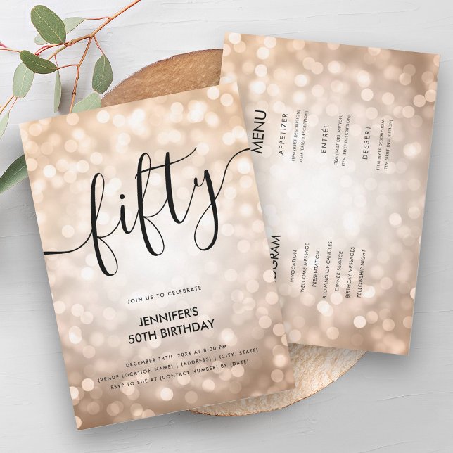 All In One Rose Gold Glitter Lights 50 Birthday  Invitation (All In One Rose Gold Glitter Lights 50 Birthday Invitation)