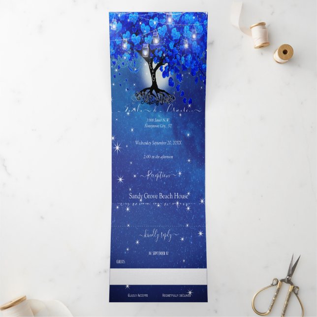 All In One Royal Blue Heart Leaf Wedding Tri-Fold Invitation (Inside)