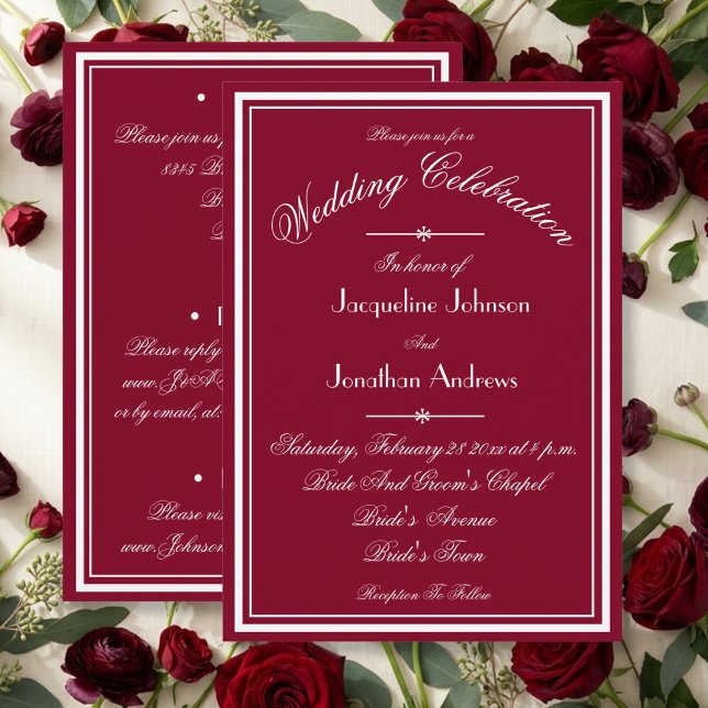 All In One RSVP Burgundy Red White Script Wedding Invitation (Deeply romantic, rich and luxuriously beautiful.)