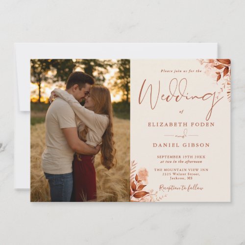 All In One Rustic Autumn Fall Floral Photo Wedding Invitation