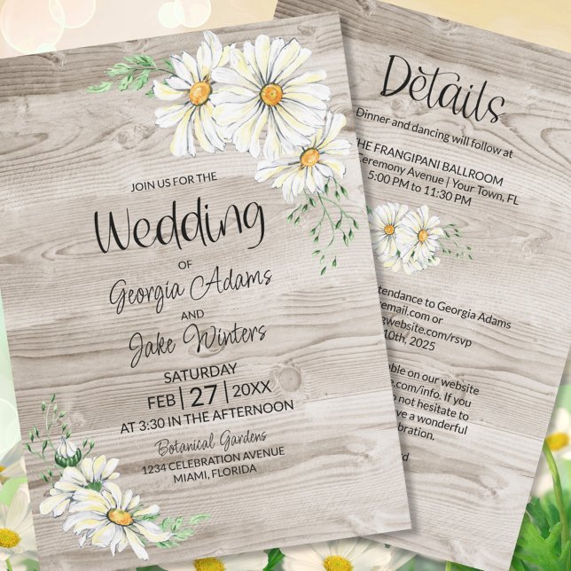 All in One Rustic Barn Wood White Daisies Wedding Invitation (Creator Uploaded)