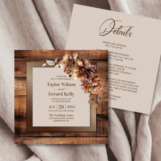 All In One Rustic Burnt Orange Floral Wood Wedding Invitation (Creator Uploaded)