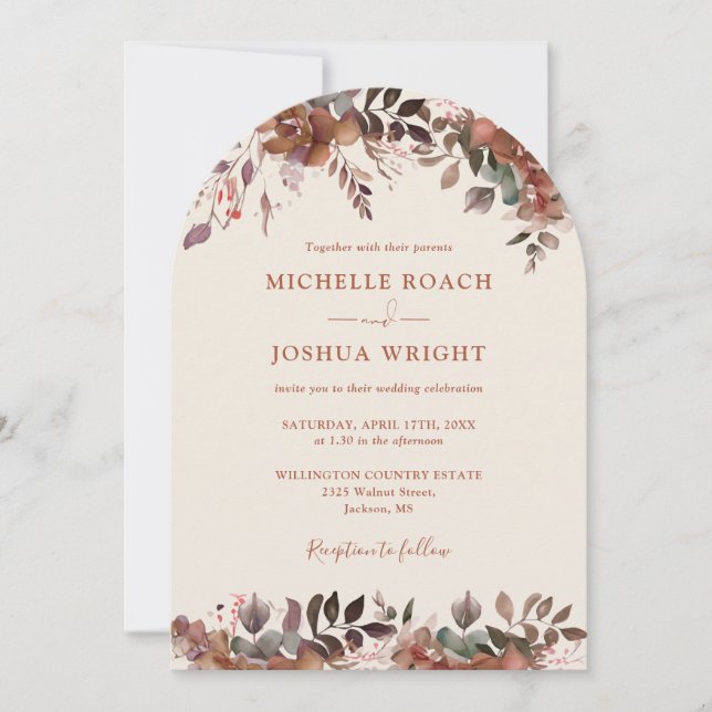 All In One Rustic Floral Arch Autumn Fall Wedding Invitation (Front)