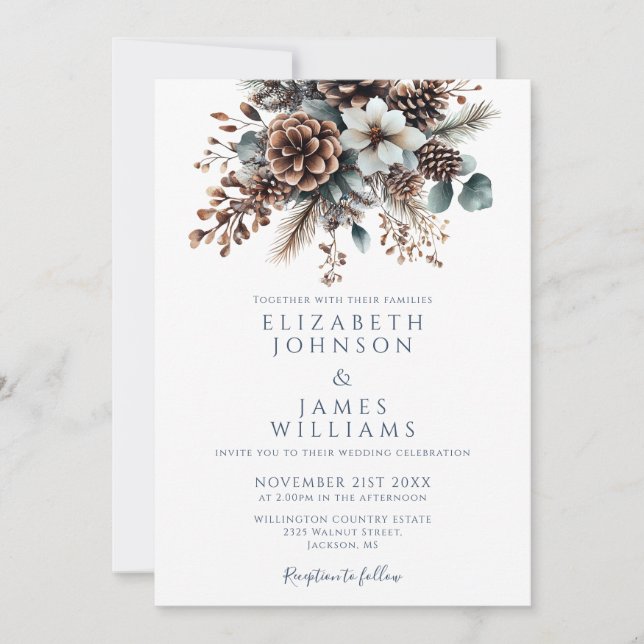 All In One Rustic Floral Pinecone QR Code Wedding Invitation (Front)