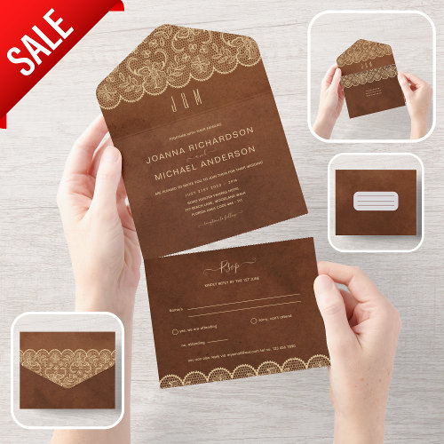 All In One Rustic Gold Lace Wedding with RSVP All In One Invitation