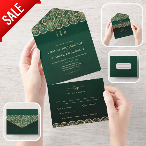 All In One Rustic Green Lace Wedding with RSVP All In One Invitation