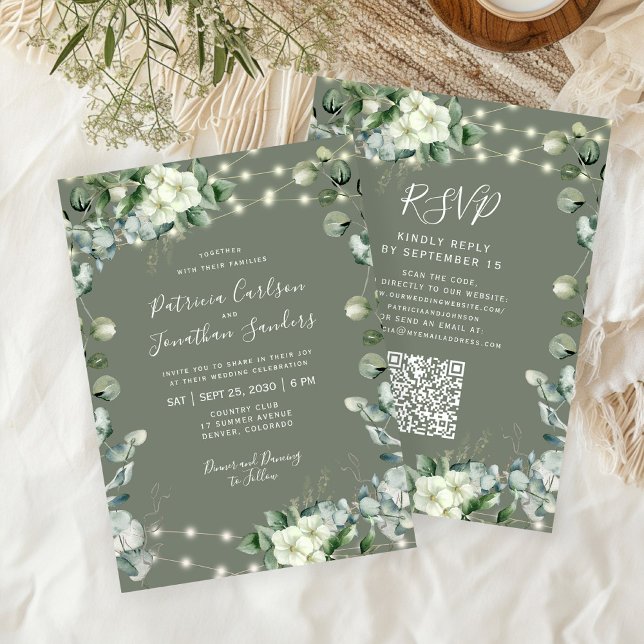 All in one rustic lights RSVP sage green wedding Invitation (Creator Uploaded)