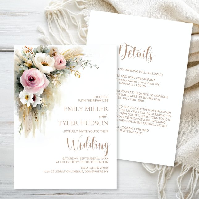 All in One Rustic Pink and White Floral Wedding Invitation (Creator Uploaded)