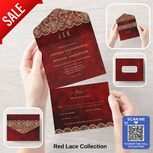 All In One Rustic Red Gold Lace Wedding with RSVP All In One Invitation
