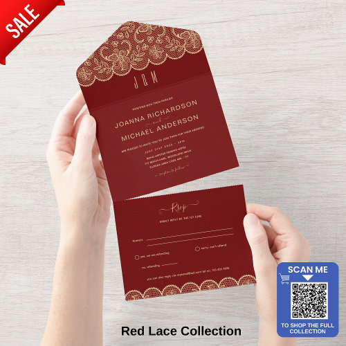 All In One Rustic Red Gold Lace Wedding with RSVP All In One Invitation