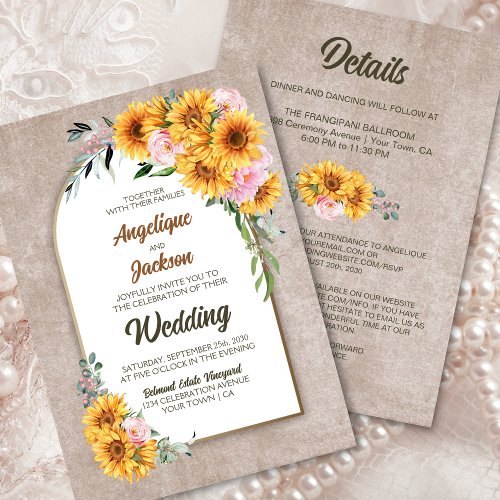 All In One Rustic Sunflower Pink Rose Arch Wedding Invitation