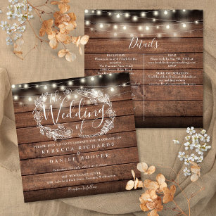 All In One Rustic Wood String Light Square Wedding Invitation