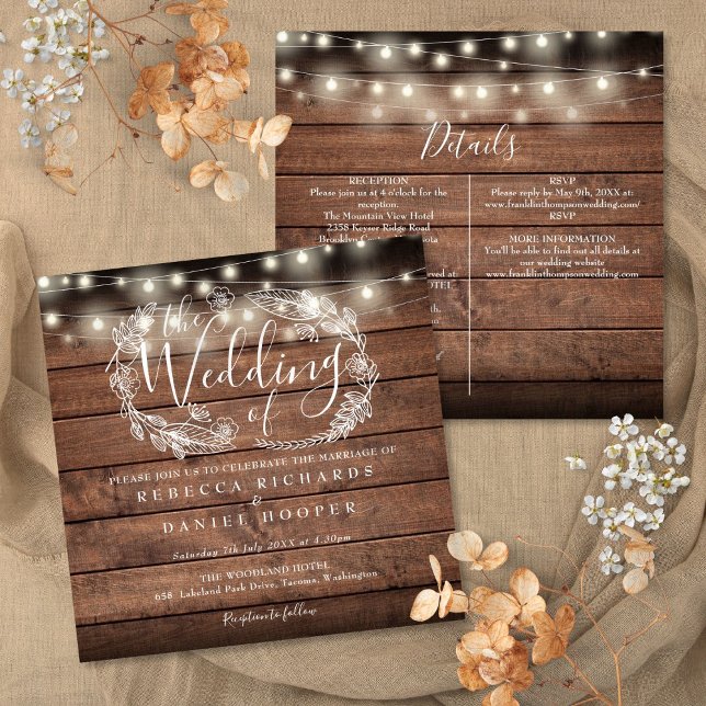 All In One Rustic Wood String Light Square Wedding Invitation (All In One Rustic Wood String Light Square Wedding Invitation)