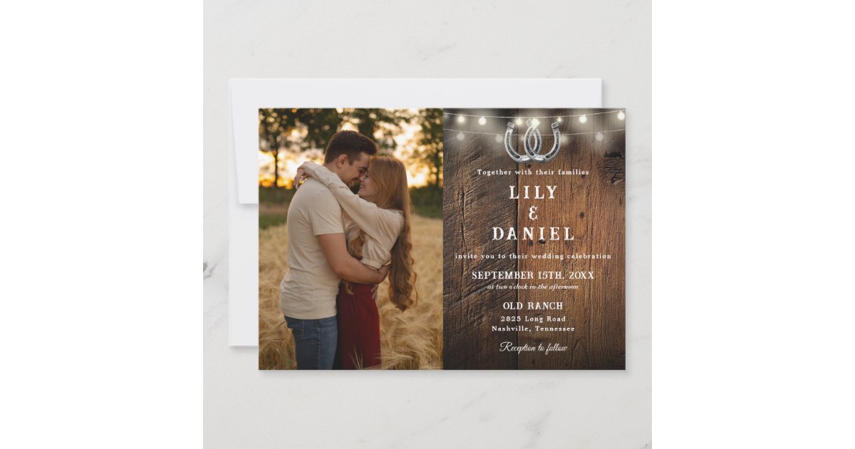 All In One Rustic Wood String Lights Wedding Photo Invitation | Zazzle