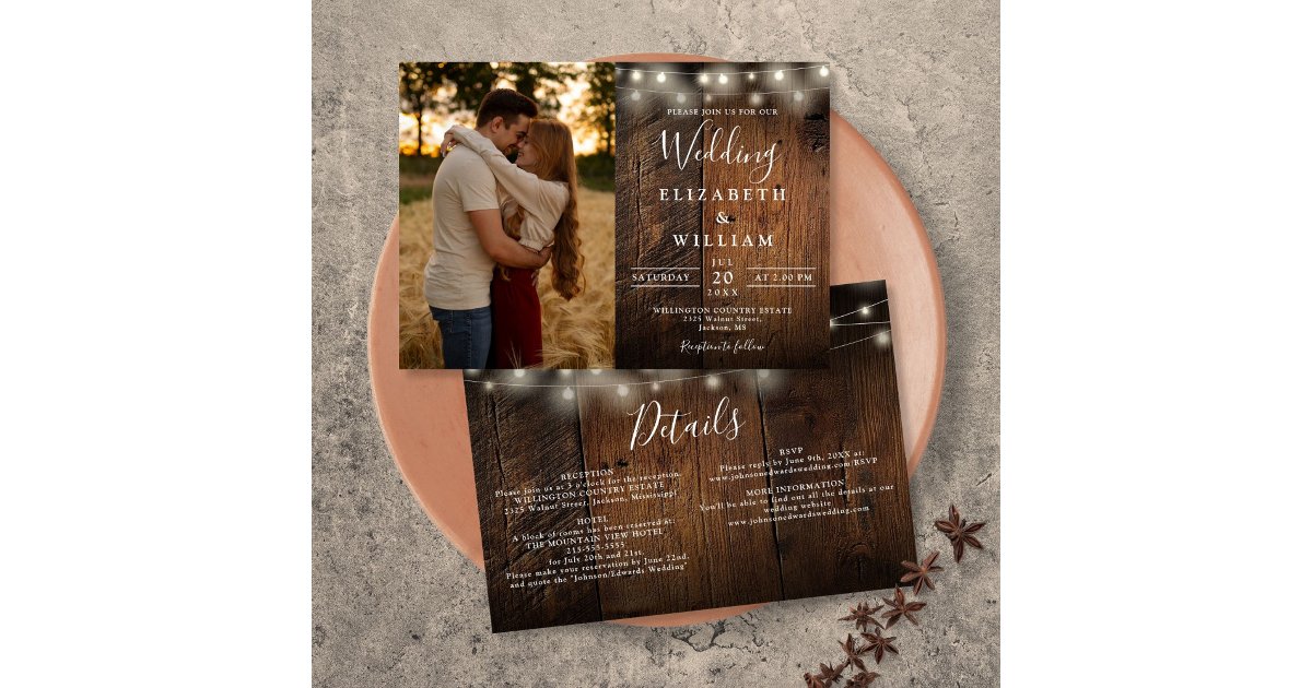 All In One Rustic Wood String Lights Wedding Photo Invitation | Zazzle