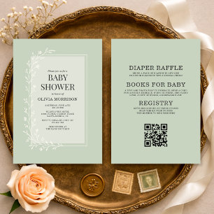 All in One Sage Green Botanical Floral Baby Shower Invitation