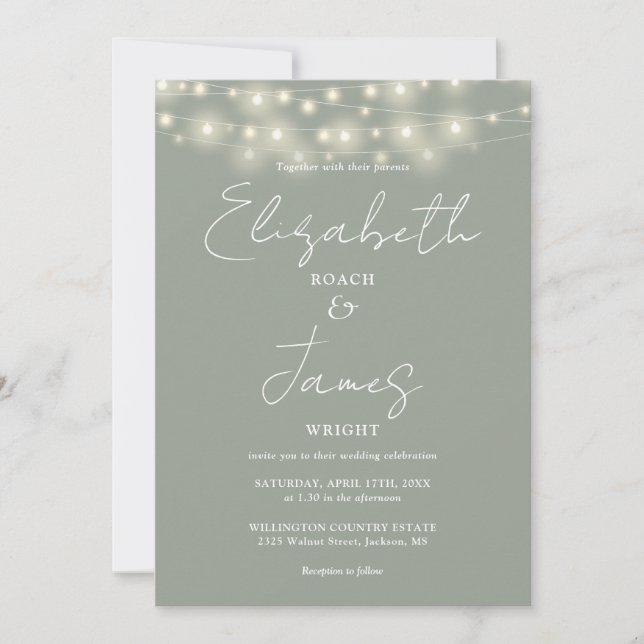 All In One Sage Green Chic String Lights Wedding Invitation (Front)