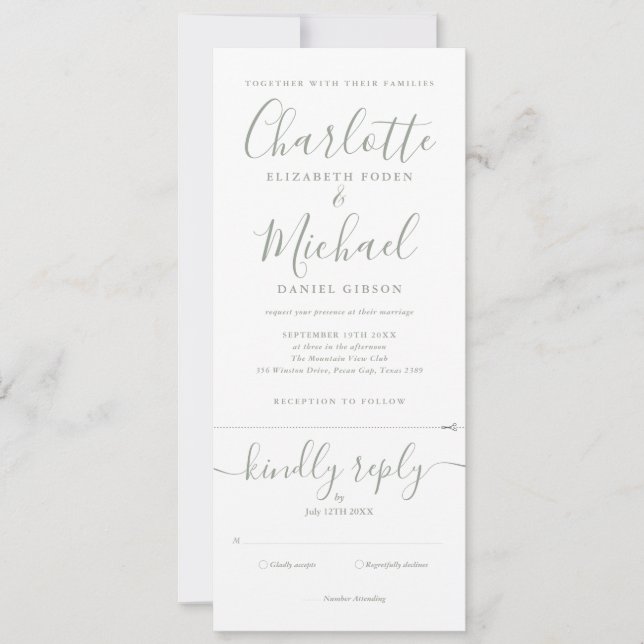 All In One Sage Green Elegant Script Wedding Invitation (Front)