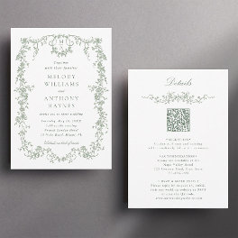 All in One Sage Green French Floral Wedding  Invitation