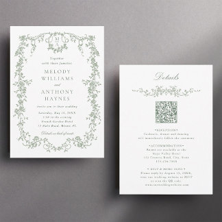 All in One Sage Green French Floral Wedding  Invitation