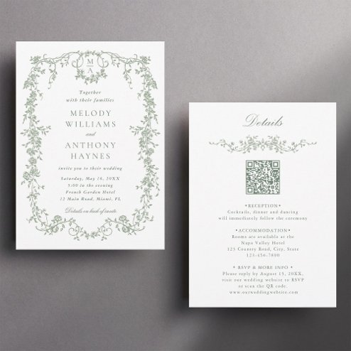 Wedding Invitations - Pink Dramatic personalized gifts for you All in one sage green French floral wedding invitation