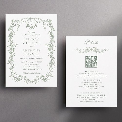 All in One Sage Green French Floral Wedding Invitation All in One Sage Green French Floral Wedding Invitation