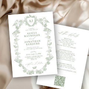 All in one sage green French Victorian wedding Invitation