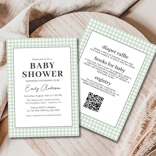 Classic Gingham Sage green Gingham or plaid baby shower invitation