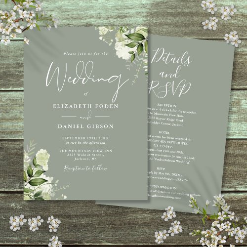 All In One Sage Green Greenery Floral Wedding Invitation