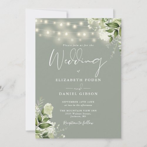 All In One Sage Green String Lights Floral Wedding Invitation