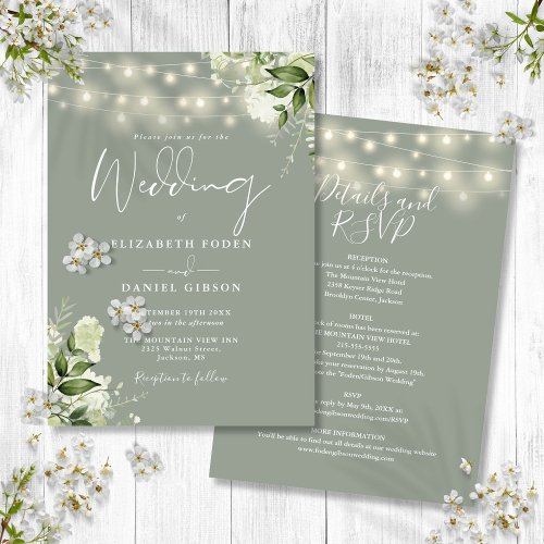 All In One Sage Green String Lights Floral Wedding Invitation