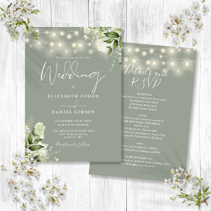 All In One Sage Green String Lights Floral Wedding Invitation
