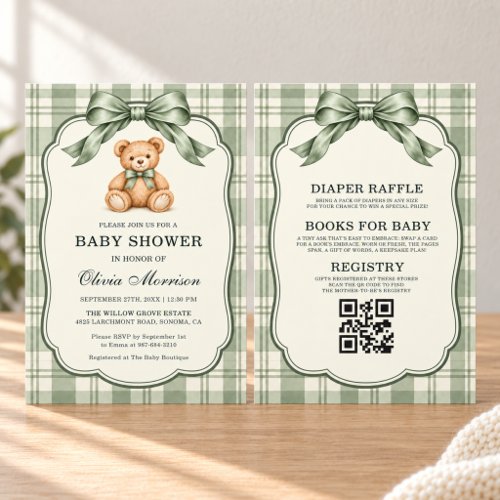 Teddy Bear Sage green Rustic baby shower invitation