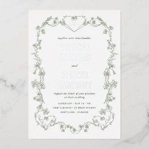 All in One Sage Green Vintage Chinoiserie Wedding Foil Invitation