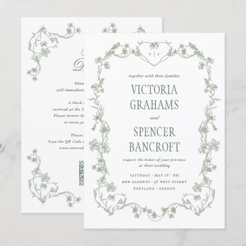 All in One Sage Green Vintage Floral Wedding Invitation