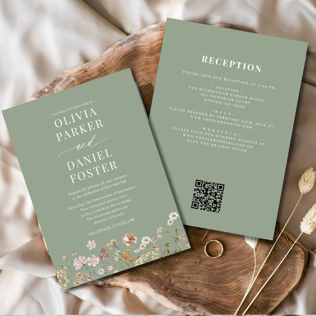 All in One Sage Green Wildflower QR Code Wedding  Invitation (Creator Uploaded)