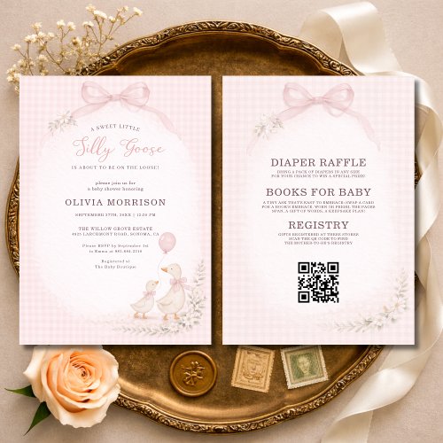 Silly Goose Pink Gingham or plaid baby shower invitation