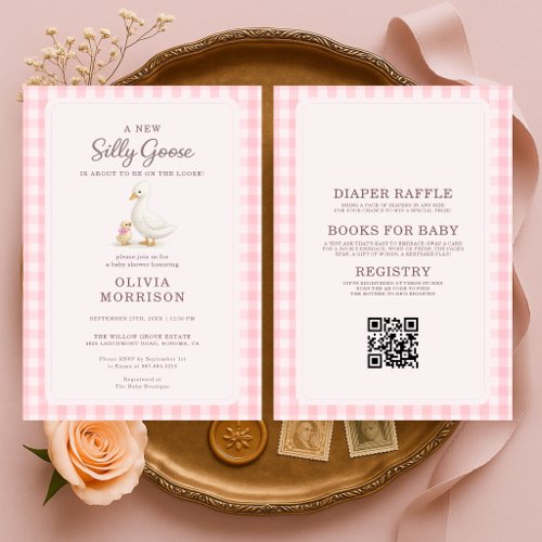 All in One Silly Goose Pink QR Code Baby Shower Invitation